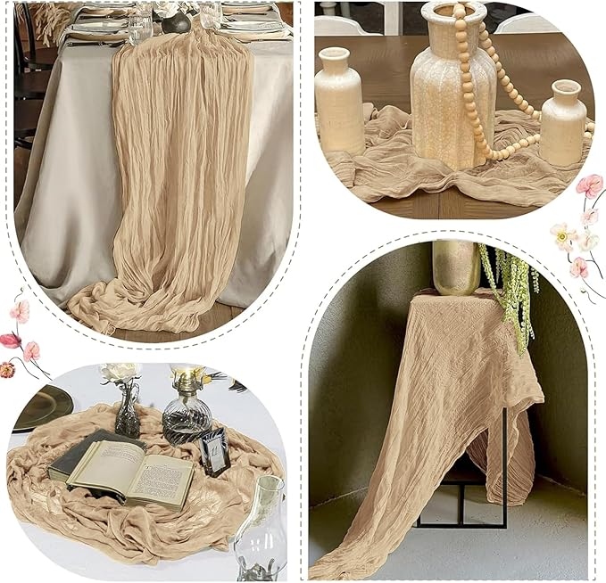 25 Pack Beige Cheesecloth Table Runner 17 x 108 Inch Gauze Table Runner Fabric Semi Sheer Cheese Cloth Table Runner Bulk for Rustic Romantic Wedding Baby Shower Table Decoration