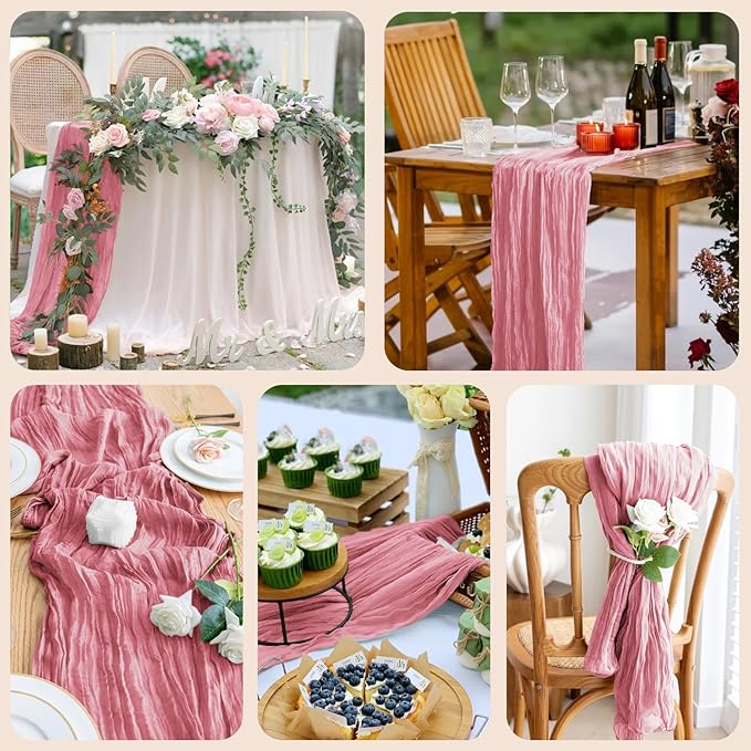 2PCS Table Runner Cheesecloth 10FT Dusty Rose Boho Gauze Cheese Cloth Rustic Sheer Table Runners for Wedding Birthday Bridal Baby Shower Party Decoration