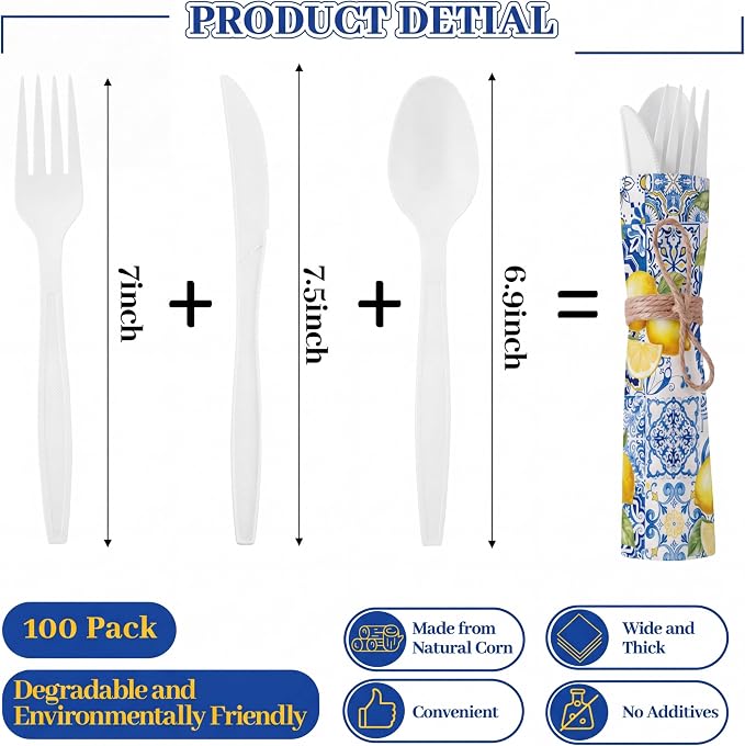 400 Pcs Capri Lemon Party Supplies Biodegradable Disposable Tableware Set for 100 Guest Knives Spoon Fork Paper Napkins Mediterranean Lemons Supplies for Bridal Shower Wedding Bridesmaid Gift