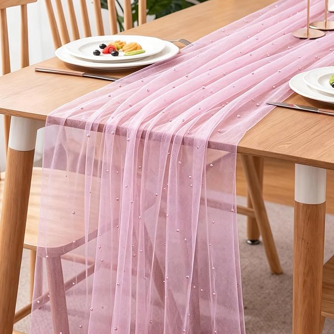 BINBE 6pcs Pearl Table Runner Spring Summer Rustic Boho 10ft Tulle Table Runner for Baby Shower Wedding Veil Holiday Dessert Table Decor Pink
