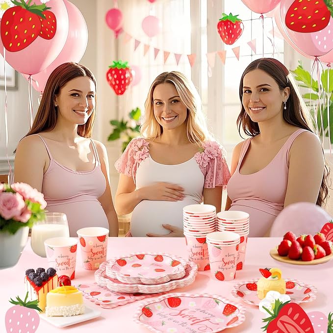 Strawberry Baby Shower Decorations for Girl, Berry Sweet Baby Shower Plates and Cups and Napkins Sets Serves 24, Strawberry Plates, A Berry Sweet Baby Is On The Way Decorations, Girl