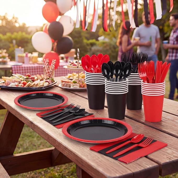 Pajean 350 Pcs Red and Black Party Decorations 12 in Disposable Oval Plates and Napkins Black and Red Heavy Duty Paper Tableware Set for 50 Guests Birthday Baby Shower Wedding Fiesta Party Supplies