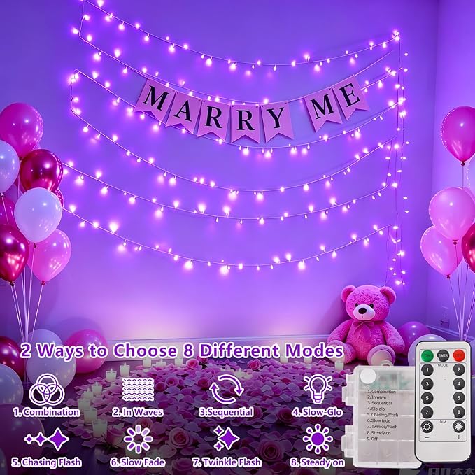 YEGUO Battery Operated String Lights, 2 Pack Each 33ft 100 LED Twinkle Fairy Lights Outdoor Waterproof, 8 Modes Clear Wire Purple Christmas Lights Indoor with Remote