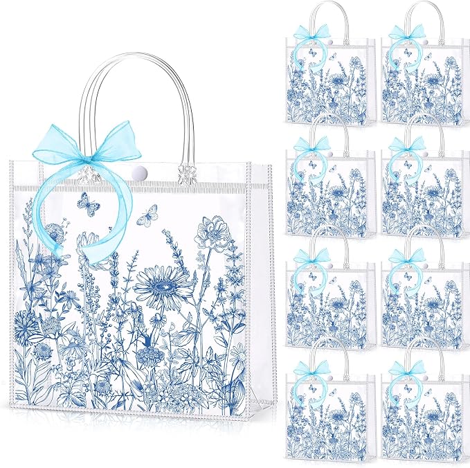 Hosuly 24 Pcs Blue White Floral Party Favor Bags with Handles, Clear PVC Wildflower Goodie Treat Vintage Gift Bags for Wedding Bridal Baby Shower Birthday Party Favors Supplies 7.9 x 7.9 x 3.1 Inch
