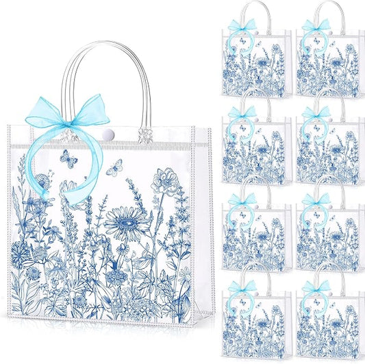 Hosuly 24 Pcs Blue White Floral Party Favor Bags with Handles, Clear PVC Wildflower Goodie Treat Vintage Gift Bags for Wedding Bridal Baby Shower Birthday Party Favors Supplies 7.9 x 7.9 x 3.1 Inch