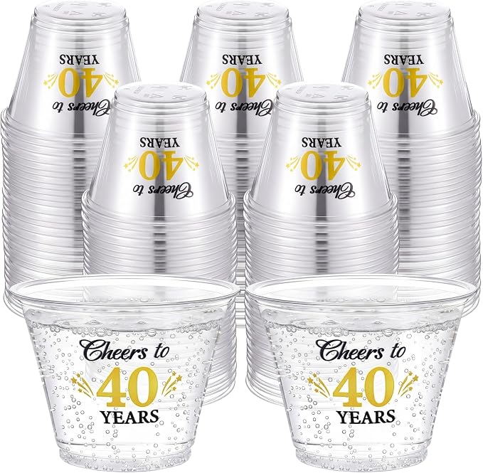 LemonRoad 100 Pack 40th Birthday Cup 9 oz Cheers to 40 Years Birthday Disposable Clear Plastic Cocktail Cups Hot Cold Beverage Drinks for Men Women Wedding Anniversary Decorations Party Favors