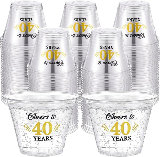 LemonRoad 100 Pack 40th Birthday Cup 9 oz Cheers to 40 Years Birthday Disposable Clear Plastic Cocktail Cups Hot Cold Beverage Drinks for Men Women Wedding Anniversary Decorations Party Favors