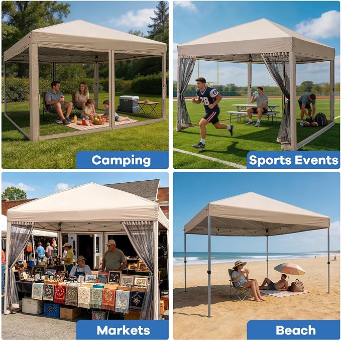8x8 Pop Up Canopy with Mosquito Netting, Ez Up Portable Waterproof Instant Outdoor Screen Shelter, Pop Up Tent for Patio, Backyard, Parties, Camping and Events, Beige