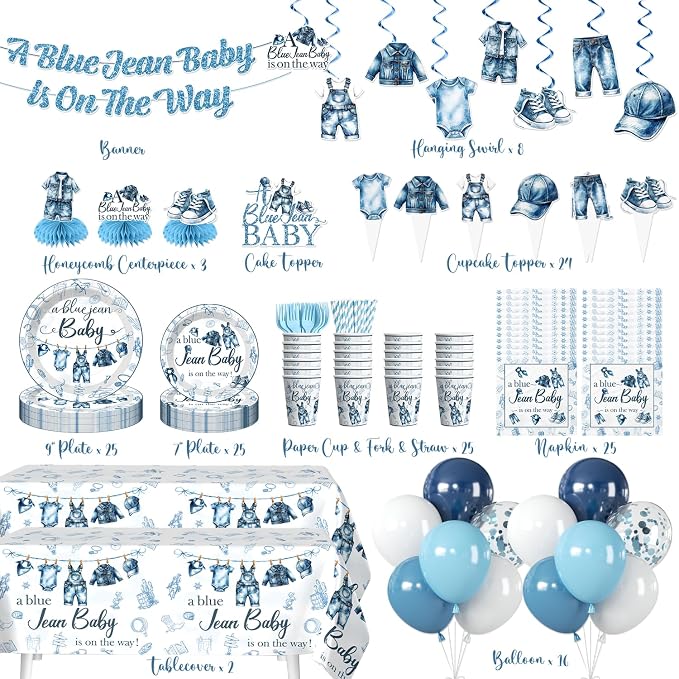 Xynic 213pcs Blue Jean Baby Shower Decorations or Boy, Serves 25 People, Includes Pre-strung Banner, Heavy-duty 350gsm Paper Plates, Waterproof & Oil-proof Disposable Plastic Tablecloths