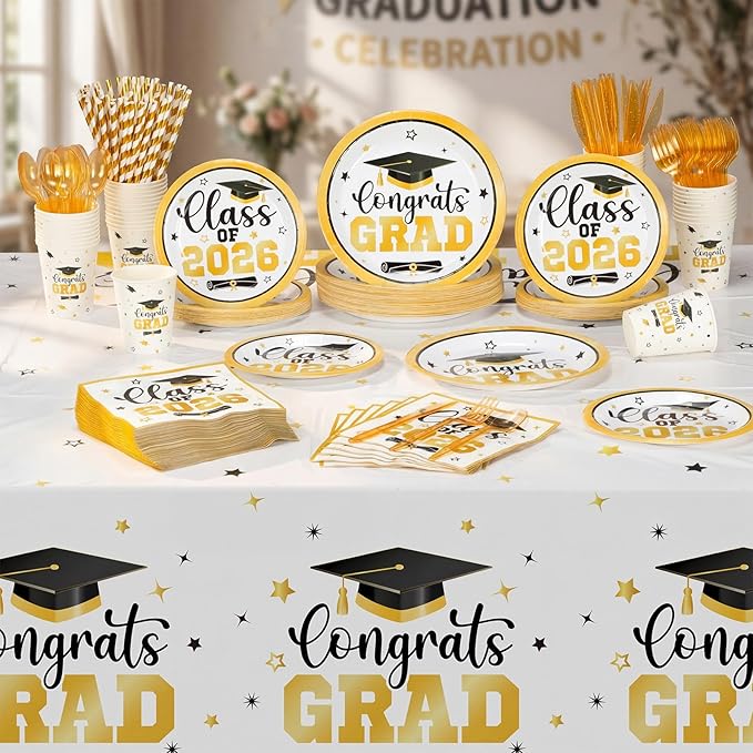 Funnymoom 452 Pcs Class of 2026 Gold Graduation Party Supplies for 50, White Gold Graduation Paper Plates Napkins Cups Tablecloth Cutlery Straws for College High School Congrats Grad Party Decoration