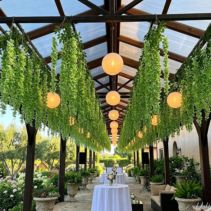 Artificial Wisteria Hanging Flowers Fake Wisteria Flower Garland Silk Vines Rattan Decor for Home Wedding Arch Wall Garden Greenery Bedroom Outdoor Office Party Decoration (24, Green)