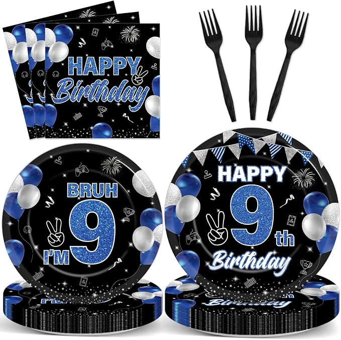 96PCS 9th Birthday Party Supplies Blue and Black 9th Birthday Plates and Napkins Black Blue Bruh I’m 9 Tableware Dinnerware Video Game Theme Decorations for Boys Party Favors Serves 24