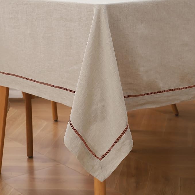 Linen World Hemstitch Linen Tablecloth,100% Natural French Flax,60x120Inch Handcrafted Natural-Macchiato Linen Table Cloth,Tabletop Decoration,Table Cloths for Kitchen,Dining