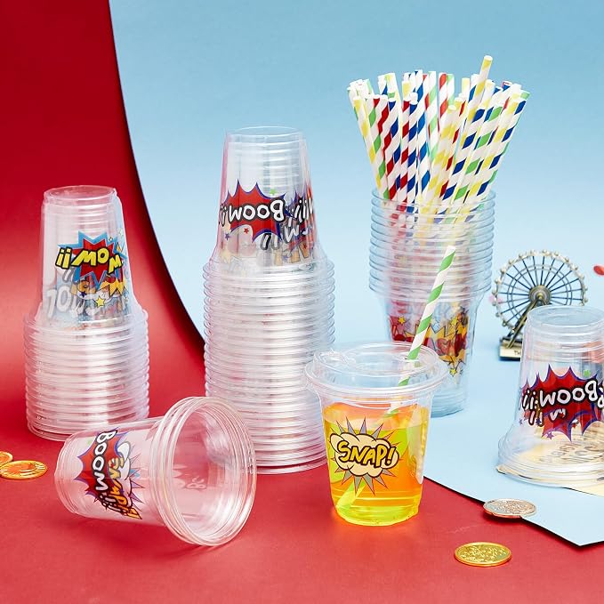 Qinyoung 60 Sets Hero Party Cups with Lids and Paper Straws 14 oz Hero Birthday Party Supplies Favor Disposable Clear Plastic Cups Bulk