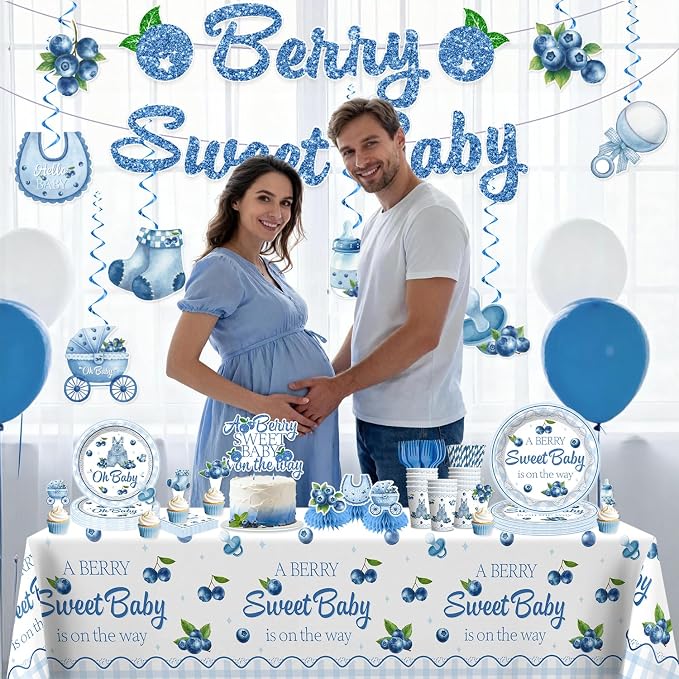 Blueberry Baby Shower Decorations, 212 Pcs Blue Berry Sweet Banner, Balloons, Plates and Napkins Set, Tablecloth Berry Sweet Blueberry Themed Baby Shower Party Decorations Supplies