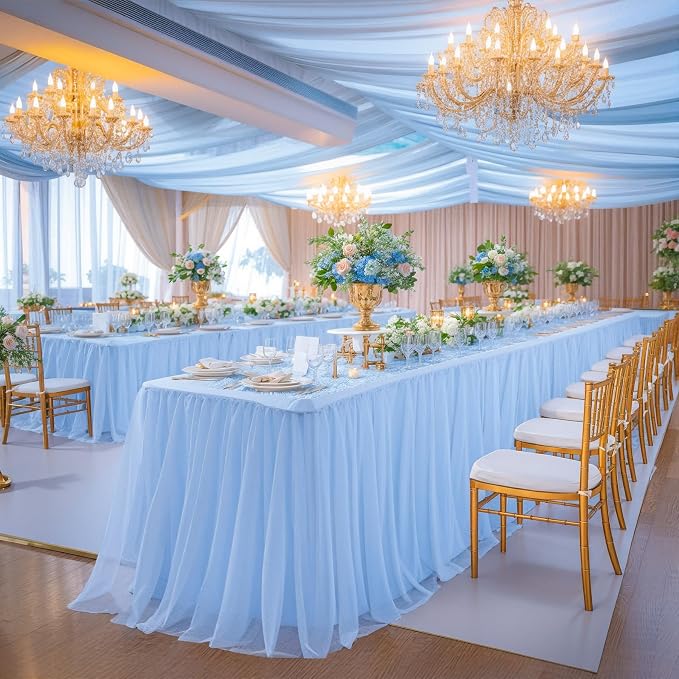 Baby Blue Tablecloth for 6 Foot Rectangle Table, Light Blue Tablecloth Tulle Table Skirt Baby Shower Table Cover 6 Foot Tables Desk Skirt Party Wedding Banquet Elastic Stretch Ruffle Fitted Tablecloth