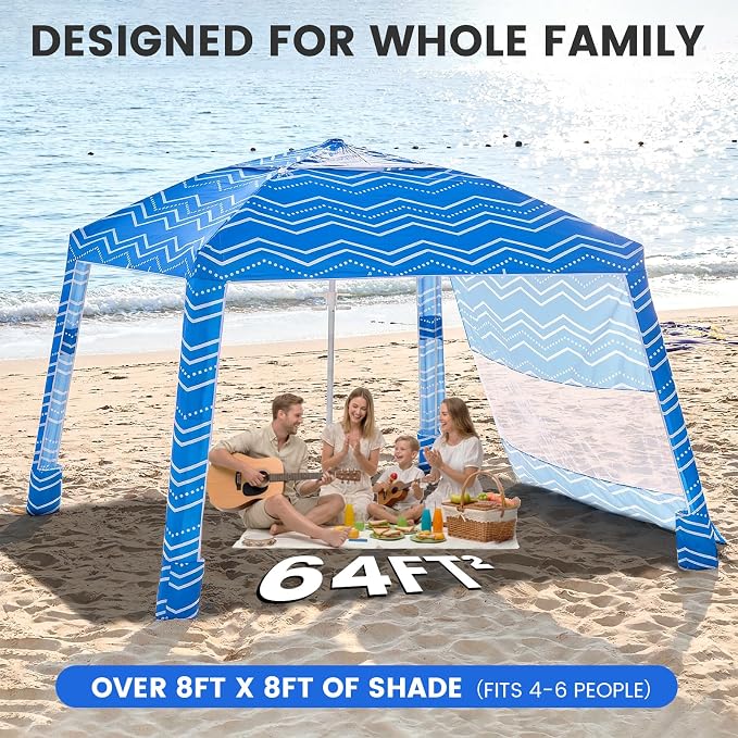 Zeraty Beach Cabana 8'×8', Portable Beach Canopy with Side Wall, UPF 50+ Silver-Coated B Each Tent Sun Shelter Easy Pop Up, Wind Resistant Adjustable Height B Each Umbrella Tent for Family, Boho Blue