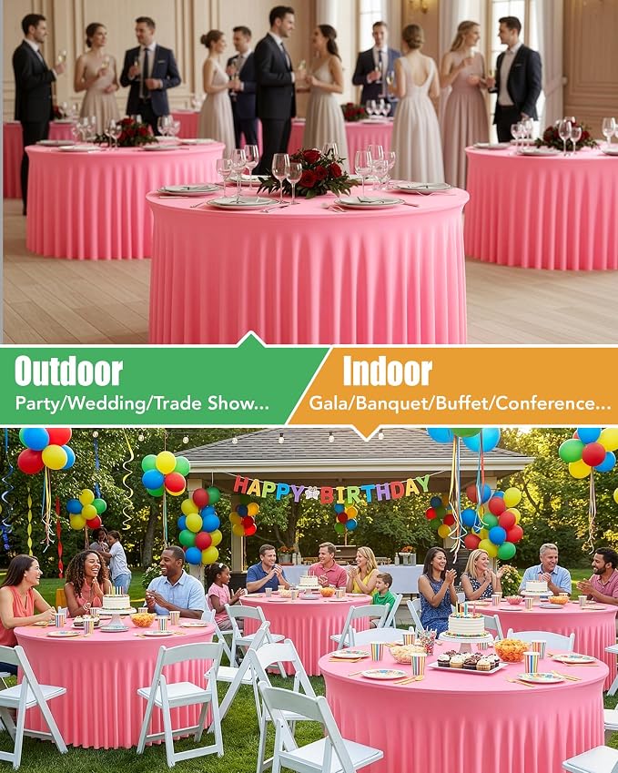6 Pack Spandex Table Cover Skirts for 60 inch Round Tables, Pink Stretch Table Cloths with Floor-Length Ruffle, Elastic Fitted Skirted Tablecloth for Elegant Wedding Banquet Party Buffet Decoration