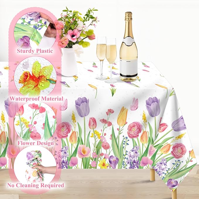 Kochorie 100 Ft x 54 Inch Spring Flower Tulip Tablecloth Roll Plastic Floral Disposable Table Cover Butterfly Wildflower Themed Backdrop for Spring Floral Tea Party Birthday Wedding Decor