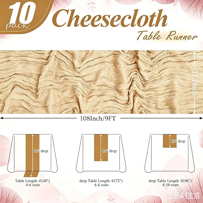 24 Pack Beige Cheesecloth Table Runner 17"x108" Boho Gauze Fabric Table Runner Vintage Rustic Sheer Runners for Wedding Party Bridal Baby Shower Table Decorations