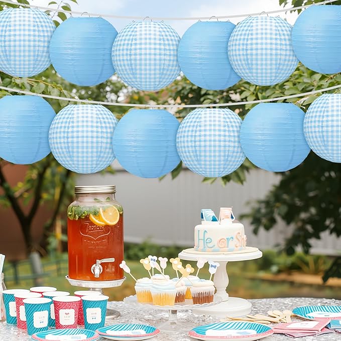 Honoson 12 Pcs Blue Gingham Paper Lanterns 10 Inch White and Blue Checkered Plaid Round Chinese Hanging Lanterns for Baby Boy Shower Wedding Birthday Picnic BBQ Decoration