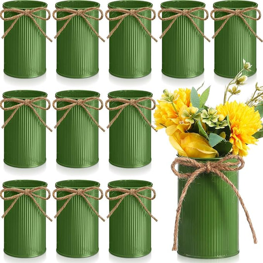 Rustic Vase for Table Centerpieces 4.33 Inch Small Petite Flower Vase with Twine Bow Vintage Farmhouse Decor for Wedding Reception Dining, Home Galvanized Metal Buckets(Sage Green,12 Pcs)