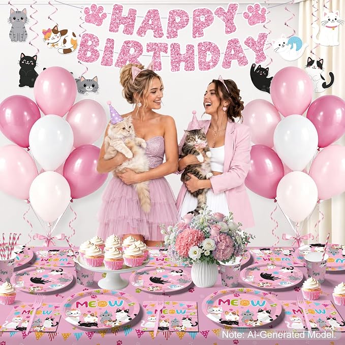 363pcs Cat Birthday Decorations for 50 People, Complete Paper Cat Themed Birthday Party Set Includes 100 350gsm Plates 24 Cupcake Toppers and 2 Waterproof Tablecloths
