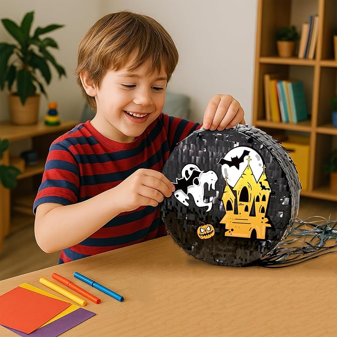 WERNNSAI Black Round Piñata for DIY - Halloween Black Moon Piñata for Kids DIY Birthday Party Disco Decoration for Adult Night Party Supplies with Confetti Bat Blindfold, 12.2”x 12.2”