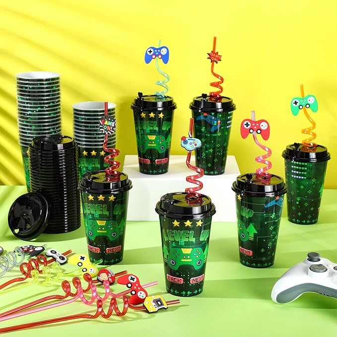 Maxcheck 36 Sets 16 oz Game Controller Party Favors Goodie Cups with Colorful Lids and Straws for Birthday Decorations Reusable Plastic Candy Cups Bulk Plastic Straws for Birthday Party Celebration