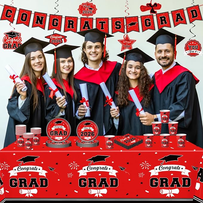 Leetous 2026 Graduation Party Decor Supplies Favors for Class, Red and Black Grad Plates Napkins Cups Tablecloth for College & High School, Disposable Tableware Accessories Kit Stuff for 25 Guests