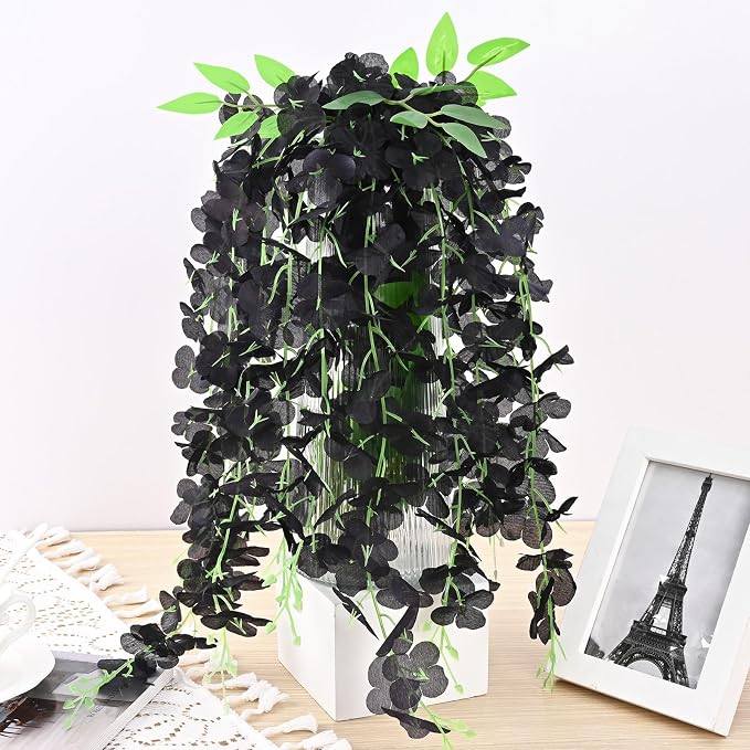 48Pcs Artificial Wisteria Hanging Flowers, 3.6Ft/Pcs Black Fake Wisteria Garland for Wedding Party Home Garden Indoor Outdoor Decoration