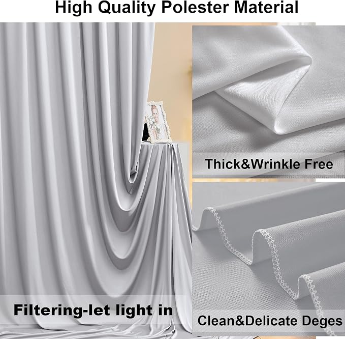 20ft×10ft Silver Grey Wrinkle Free Backdrop Curtains for Parties, 4 Panels 5×10ft Thick&Silky Polyester Silver Photo Backdrop Drapes Curtains for Birthday Party Baptism Photography Home Decor