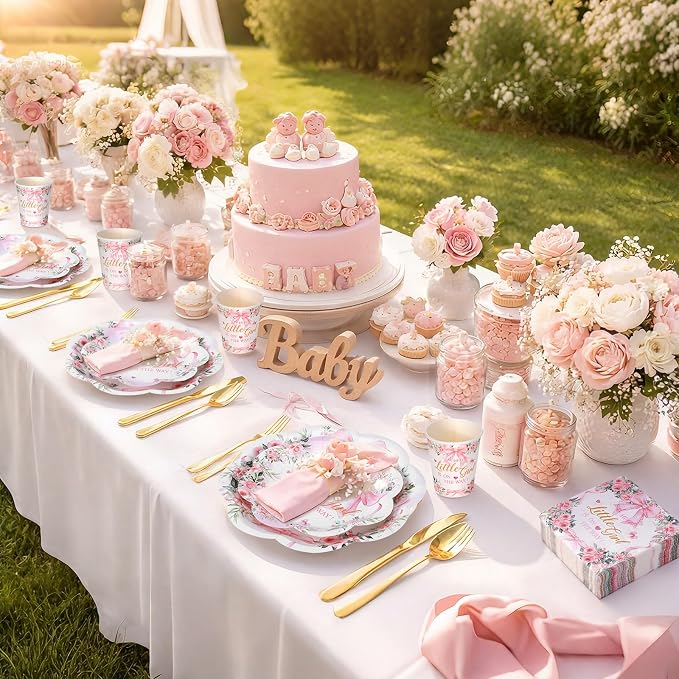 250 Pcs a Sweet Little Girl Is on The Way Baby Shower Plates and Napkins Pink Bow Baby Shower Disposable Plates and Napkins Floral Birthday Tableware Dinnerware for 50 Guests Birthday Party Supplies