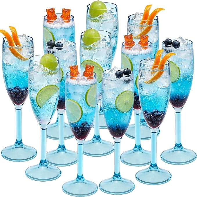 12 Pcs Champagne Flutes 5.4OZ Plastic Champagne Glasses Wine Glasses Plastic Goblets for Parties Mimosa Bar Glasses Stemmed Drinking Cups for Wedding Celebration Christmas Birthday Bride (Clear Blue)