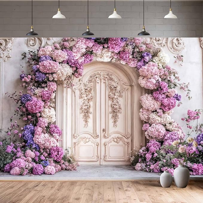20X10ft Flower Backdrop Purple Floral Arch Retro Door Photography Backdrops Modern Interior European Style Wall Decoration Wedding Portrait Background Studio Photo Booth Props
