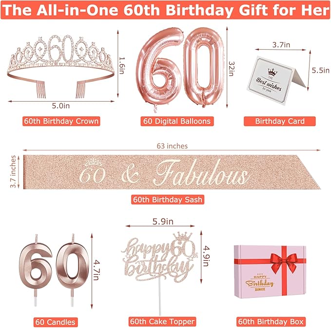 60th Birthday Decorations for Women, Include 60th Birthday Sash and Tiara, Cake Topper and Candles, Number Balloons, 60 Year Old Gifts Women