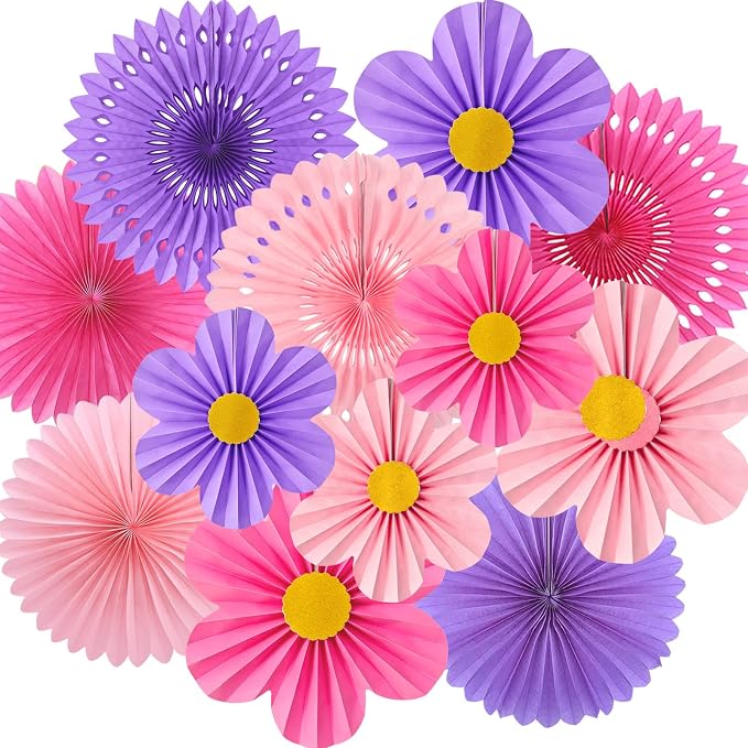 Pink Purple Party Decorations, 12PCS Hanging Paper Fans Flower Wall Backdrop for Wedding, Birthday, Baby Shower, Bridal Shower, Nursery, Indoor Outdoor Classroom Decor