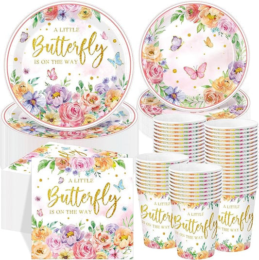 Ziliny 250 Pcs Butterfly Baby Shower Party Tableware Set a Little Butterfly Is on the Way Baby Shower Decorations Pink Purple Floral Paper Plates Napkins and Cups for 50 Guest (Fresh Style)
