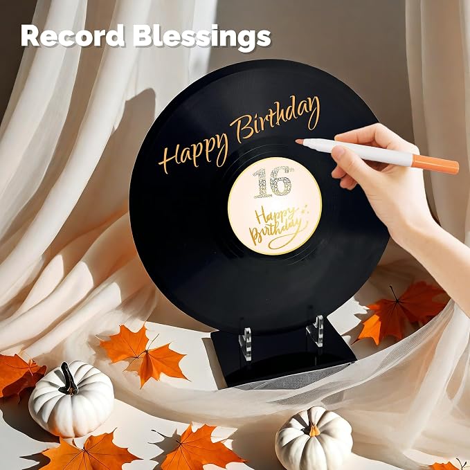 ReeGii Vinyl Record Guest Book for Birthday Decorations - Large 11.6"x11.6" Birthday Party Sign Poster with 12 Pens,Unique Keepsake Gift for Friends and Family