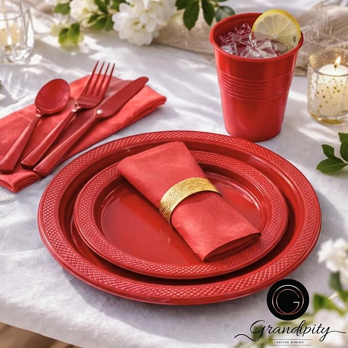 720 Piece Red Disposable Dinnerware Set (120 Guests) Plastic Dinnerware Set Disposable - 120 Count, 9" Dinner Plates, 7" Dessert Plates, 12oz Cups, Forks, Knives & Spoons- Plastic Party Plates Set