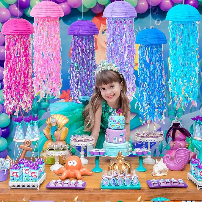 6-Pack Jellyfish Paper Lanterns, Pink Purple Blue Under The Sea Party Decorations, Mermaid Birthday Decorations for Girls, Hanging Ocean Themed Pool & Beach Party Decor, Classroom Decor