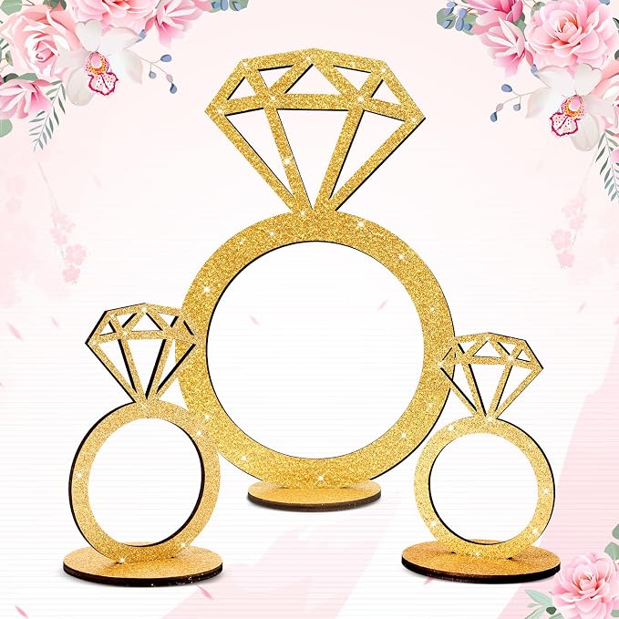 3 PCS Bridal Shower Centerpieces for Tables Diamond Ring Sign Table Centerpieces Gold Glitter Wooden Diamond Ring Sign Decor for Wedding Anniversary Supplies Batcholette Engagement Party
