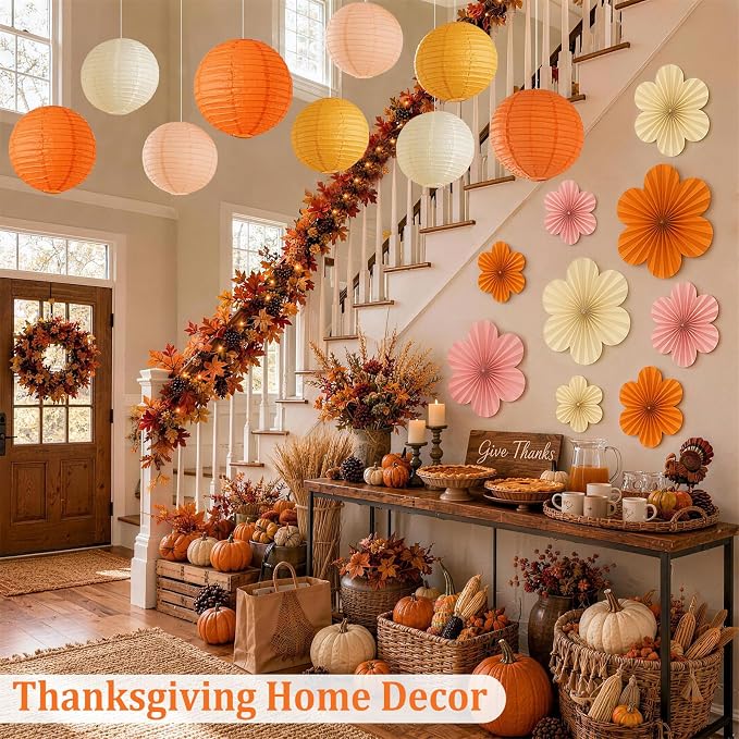Pink and Orange Party Decorations, 18Pcs Paper Lanterns & Flower Fans Set | 8"-14" layered hanging decor for one sweet birthdays, sunset parties, citrus spritz themes, bridal showers and baby showers