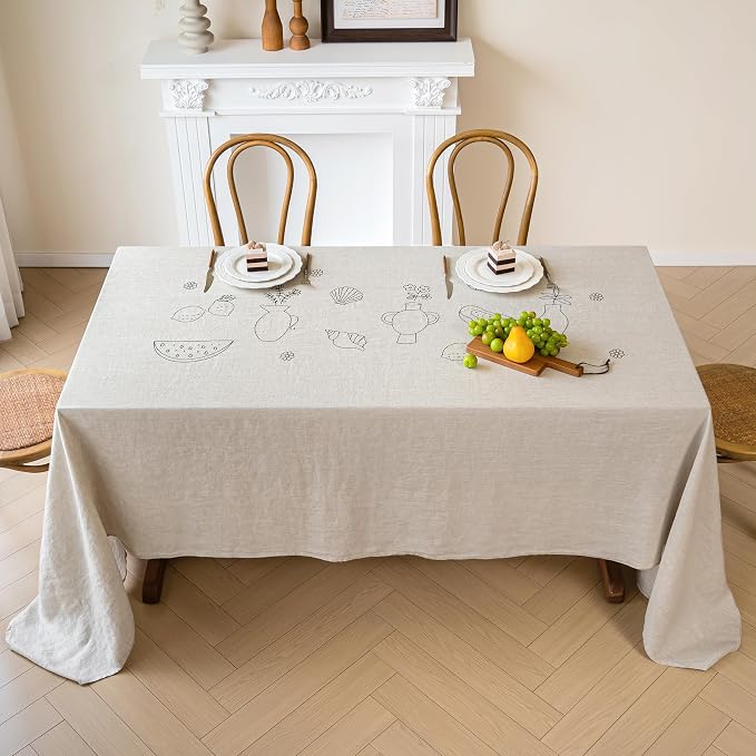 Linen World Embroidered Linen Tablecloth Large 70x157inch,100% French Linen Pre-Washed Table Cloth,Natural Flax Table Cover for Elegant Dining,Fruit Embroidery
