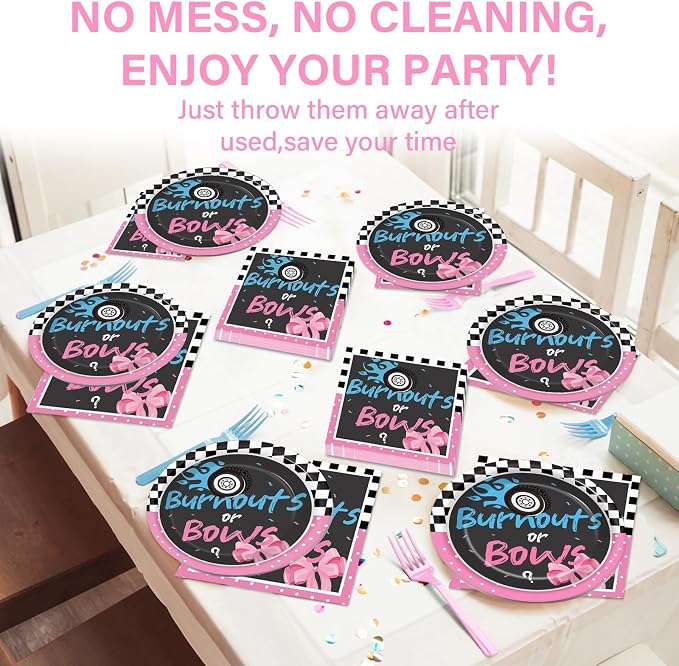 50 Guests Burnouts or Bows Gender Reveal Plates and Napkins Party Supplies Boys or Girls Baby Shower Party Decorations Disposable Tableware Set Gender Reveal Dinnerware Favor for Baby ,200PCS
