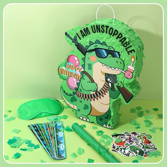 Dinosaur Piñata for Birthday Party, Dino Piñata Set with Blindfold and Baton, Pull String Pinata for Birthday Party Celebration