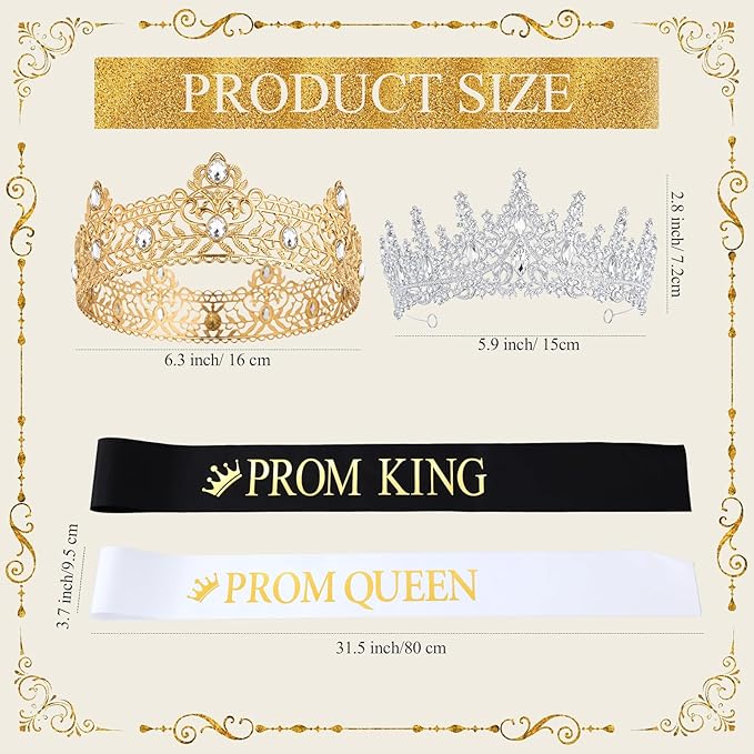 Retrowavy 4 Pcs Prom King and Queen Crown Set with Sashes Prom King Queen Sash and Tiara Set for 2026 Grad Birthday Carnival Wedding Costume Accessories(Gold,Silver)