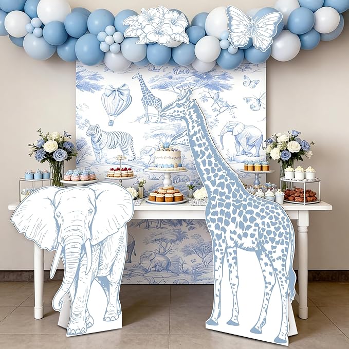 4PCS Blue Jungle Animal Cardboard Standee Set, Giraffe Elephant Cardboard Standee Cutouts, Safari Baby Shower Decorations for Birthday, Gender Reveal