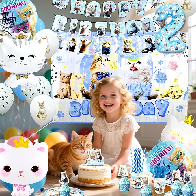 142Pcs Cat Birthday Decorations, Cat 2nd Birthday Party Supplies, Cat Birthday Party Decorations Include Plates Cups Napkins Tablecloth Balloons Cake Toppers for Kids Party