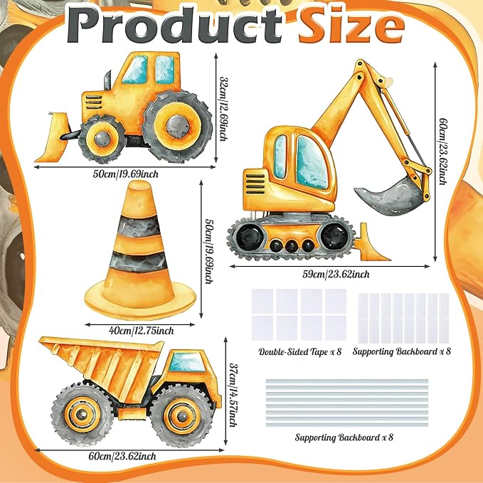 4 Pcs Construction Party Decoration Large 23.62 Inch Construction Cardboard Cutout, Truck Themed Birthday Decorations Photobooth Props Backdrop Yard Signs for Lawn Garden Classroom Decor
